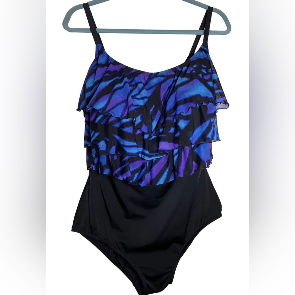 Studio Works Aqua Black Purple Tiered Ruffles One Piece Suit Size 20W